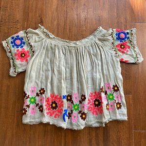 Sattire Embroidered Peasant Blouse Off The Shoulder Top Sz S